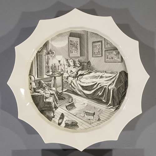 Andrew Raftery, January: Reading Seed Catalogs, 2009–16, engravings transfer printed on glazed white earthenware.