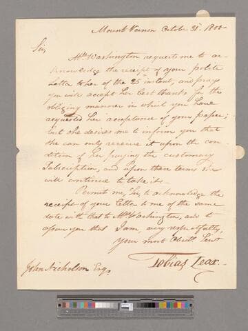 Letter from Tobias Lear, Mount Vernon, to John Nicholson
