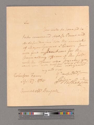 Letter from George Washington, Robinson's Farms, to Major General Alexander McDougall