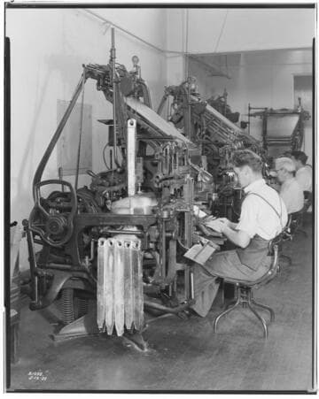 Men typeing on Linotype machines at Santa Monica Outlook