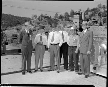 VIPs on the crest of Dam 7 touring the dam probably during the dedication of the Big Creek 4 project