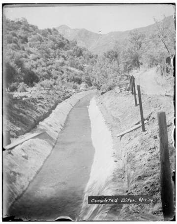 A completed ditch filled with water at Kaweah #2 Hydro Plant