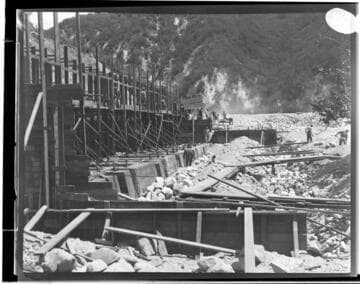 A construction crew working on the construction of Santa Ana River #1 Hydro Plant