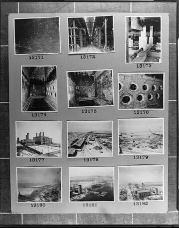 Multiple-image copy film negative with images of construction Plant 2 at Long Beach Steam Station