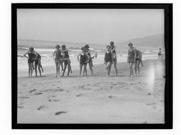 Scouts playing on the beach at Santa Monica Girl Scout camp