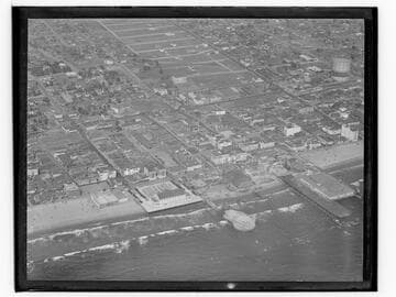 Aerial detail of remains of Pickering and Lick Piers in Ocean Park, Santa Monica, California