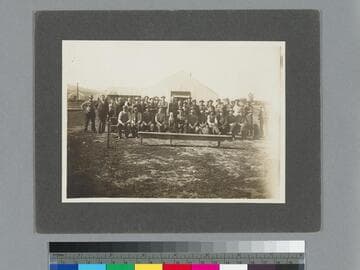 Group of men at work camp, Barstow, California