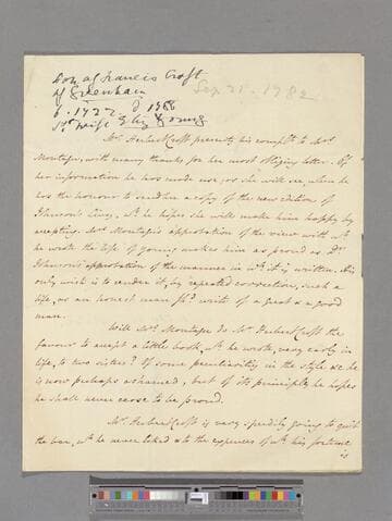 Croft, Sir Herbert, 5th Bart. Letter to Elizabeth (Robinson) Montagu