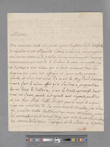 Du Boccage, Marie Anne (Le Page) Fiquet. Letter to Elizabeth (Robinson) Montagu