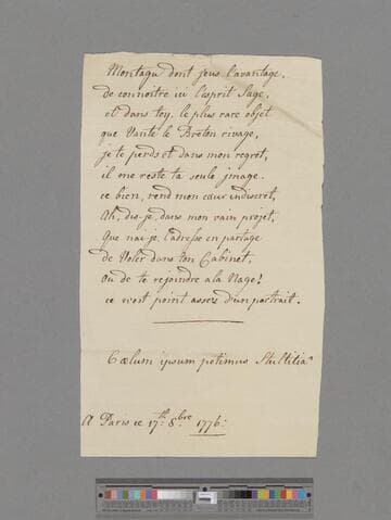 Du Boccage, Marie Anne (Le Page) Fiquet. "Montagu dont jeus l'avantage": [a poem in 12 lines addressed to Mrs. Elizabeth (Robinson) Montagu]