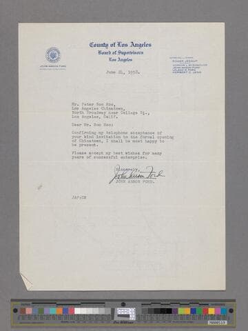 Letter from John Anson Ford to Peter SooHoo