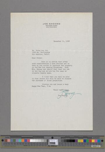 Letter from Joe Shoong to Peter SooHoo