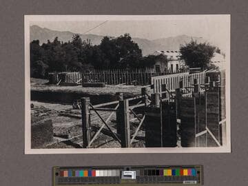 Huntington Library Construction: view showing the forms for the Main Building, the East Wing to the left