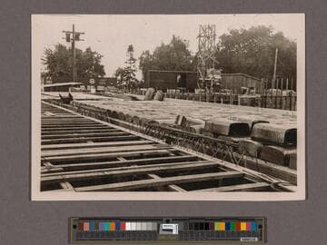 Huntington Library Construction: view showing the first floor of the East Wing, reinforcing steel and pans before casting floor, looking south