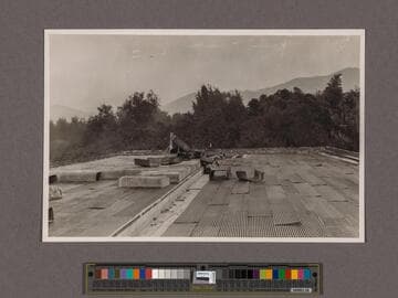 Huntington Library Construction: view showing the second floor of the East Wing, looking north; metal lath for plastering ceiling and pans for casting floor