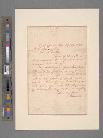 Abraham Lincoln, Springfield, Illinois, letter to Nehemiah Day Sperry