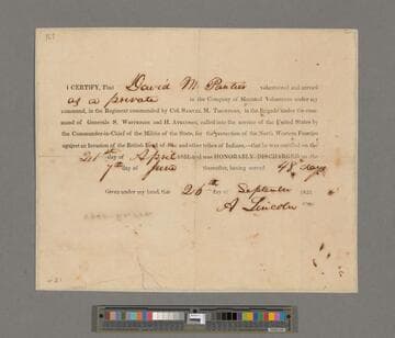 Abraham Lincoln honorable discharge for David M. Pantier, Illinois Militia