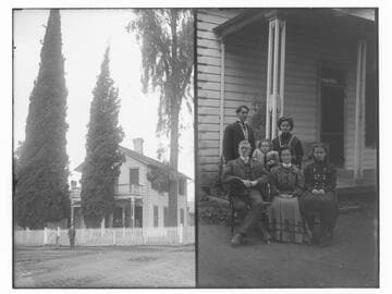 House with trees and family ; family portrait