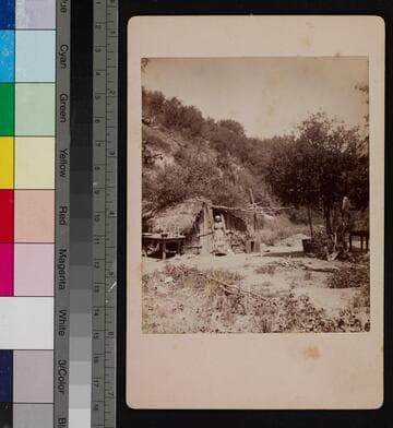 An Indian woman standing outside brush dwelling, San Gabriel, California