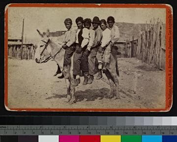 Yuma Indian boys sitting on a mule