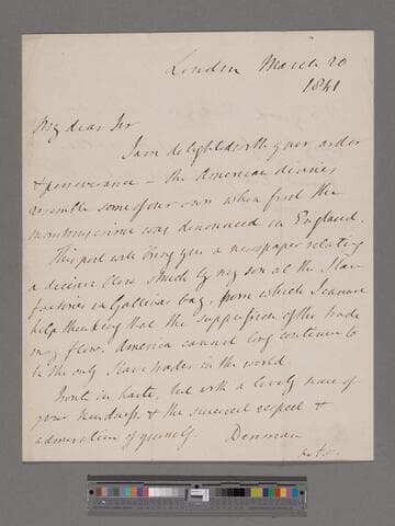 [Denman, Thomas. 1st Baron] Denman. Letter to [Thomas Clarkson]
