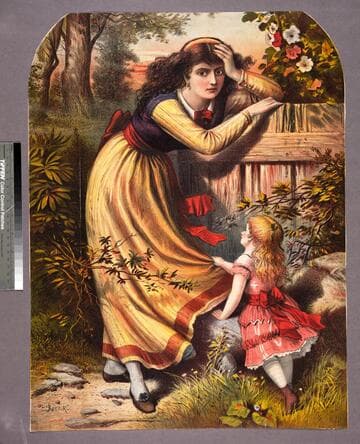 [Young woman leaning on fence with child tugging on her dress]