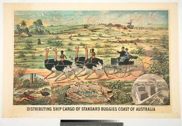 Distributing ship cargo of standard buggies coast of Australia : Columbus Buggy Co. standard world over. Columbus, Ohio. U.S.A