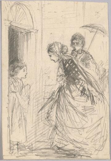 Two Women Talking to Girl at Door