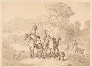 Figures on Horseback; a Boy Adjusting a Lady's Saddle