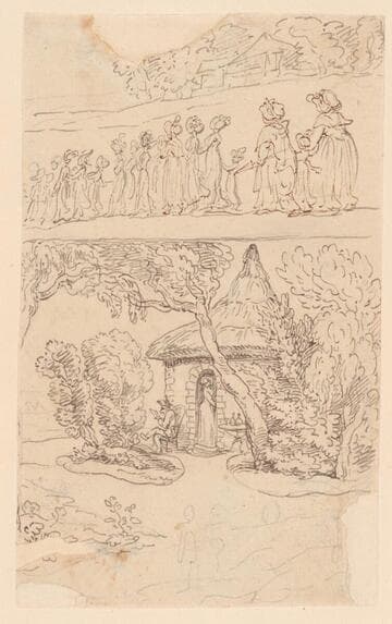 A Procession, and a Round, Thatched Building