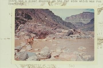 Bill and Buzz Belknap working over the boulders to get to the bedrock at Bedrock Rapid.  There was a clear channel on the far side which was run in the Sportyaks