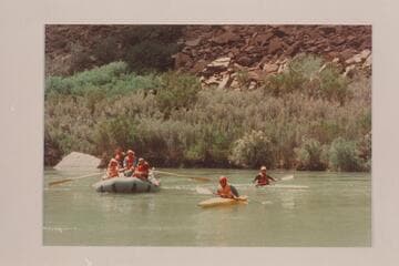 Two kayaks and the inflated unit supporting them.  At foot of Dubendorff Rapid