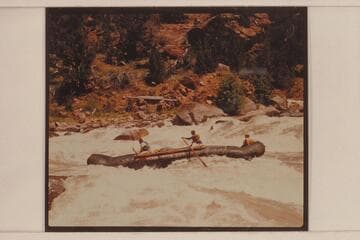 One of the Hatch pontoons in Hells Half Mile; Canyon of Lodore.  Bruce Lium handles the oars forward.  Pete Farquhar has the other pair.  Paul Kaufmann rides as passenger