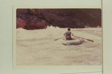 Small inflated unit in 232 Mile Rapid.  Ed Herrman, Howard Booth and Jorgen Visbak were joined at Diamond Creek, John Mercier and Geoffrey plus Roy Evans in a kayak