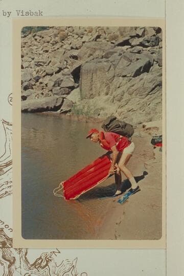 Jorgen Visbak trying his load and flotation; mouth of Diamond Creek
