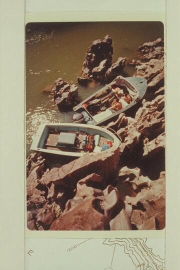Bill Belknap's Turbocraft and SmithCraft at head of Lake Mead, Mile 236.  The flow in the river has been cut to about 1,000 cfs