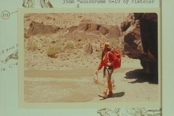Colin Fletcher riding shanks-mare down the Grand Canyon from the mouth of Supai to Diamond Creek in 1966, May-June.  Near Mile 216