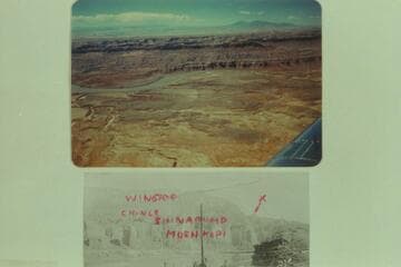 Moenkopi Cliffs at Clayhill Crossing, San Juan River.  Looking northwest by north.  Henry Mountains in distance.  Piute Farms.  Rockhouse Gulch on left