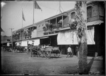 Street view of horse-drawn carts and building with balconies