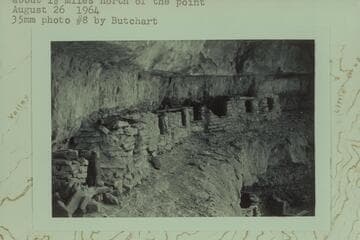 Row of storage bins below the Kaibab cliff at the concave bend in the rim on the east side of Point Sublime and about 1 1/2 miles north of the point