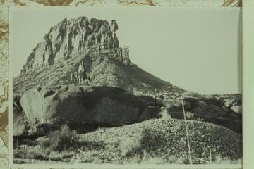 Photo 497 of Expedition to So-Called "Canyon of the Little Horses," bearing caption "Close-up of Sinyala Butte.  Comparison with photo 500 and its identification by Butchart shows this to be Mt. Akaba