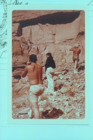 Photographing the Kolb inscription at Mile 202.25.  The inscription was painted 1911, Oct. 28.  Buzz Belknap; Dock Marston; Bill Belknap