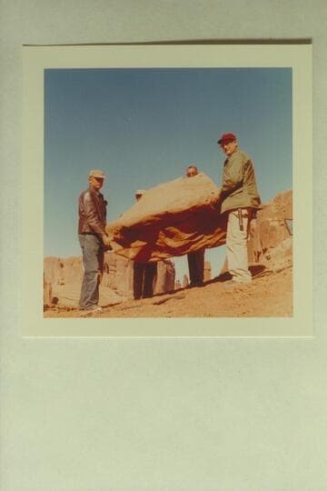 The mighty Special Effects crew heaving a boulder around in the Disney filming of "The Colorado River Story."  Arches National Monument