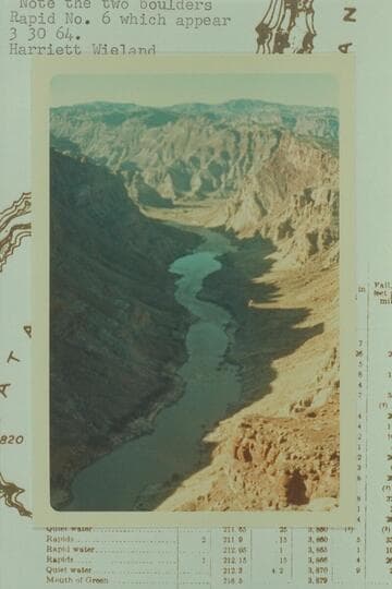 Down Cataract Canyon from the rim near Mile 210.5 to Tilted Park.  The mouths of Y and Cross Canyon are upper left center.  The slump block is upper right