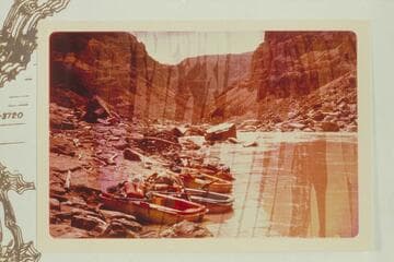 Sportyaks landed at Mile 204.1 for a lunch stop at head of Rapid No. 18.  The film was wet in his capsize in Rapid No. 22.  Compare Reilly photo of 9 5 60 showing the river up from Mile 203.2