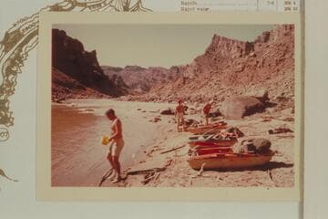 Down from camp at the head of Rapid #7, Mile 209.6. Buzz Belknap is at left, Jorgen Visbak and Bill Belknap