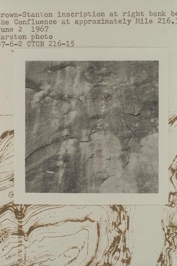 Brown-Stanton inscription at right bank below the confluence at approximately Mile 216.3
