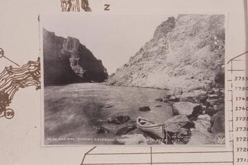 Brown-Stanton skiff at the head of Rapid 23 at Mile 202.20