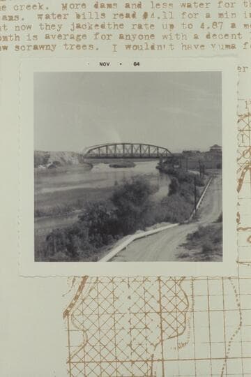 Colorado River near Yuma. Looking east from West Yuma Hill at old rail crossing showing big island inColorado River near Yuma.  Upriver from left bank. Colorado and no Gila Junction.  Big bars restrict flow