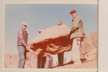 Special Effects crew of the Disney company heaving a boulder.  Filming of "The Colorado River Story."  Arches National Monument